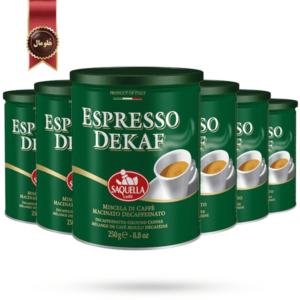 6 عدد قهوه قوطی ساکوئلا saquella مدل اسپرسو بدون کافئین espresso dekaf وزن 250 گرم