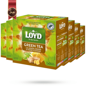چای سبز کیسه ای هرمی لوید LOYD مدل طعم لیمو، زنجبیل و عسل Lemon, Ginger & Honey Flavoured پک 20 تای بسته 6 عددی