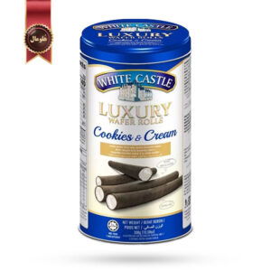 ویفر رولی لاکچری وایت کستل White Castle Luxury Wafer Rolls مدل خامه و کوکی Cookies & Cream وزن 300 گرم