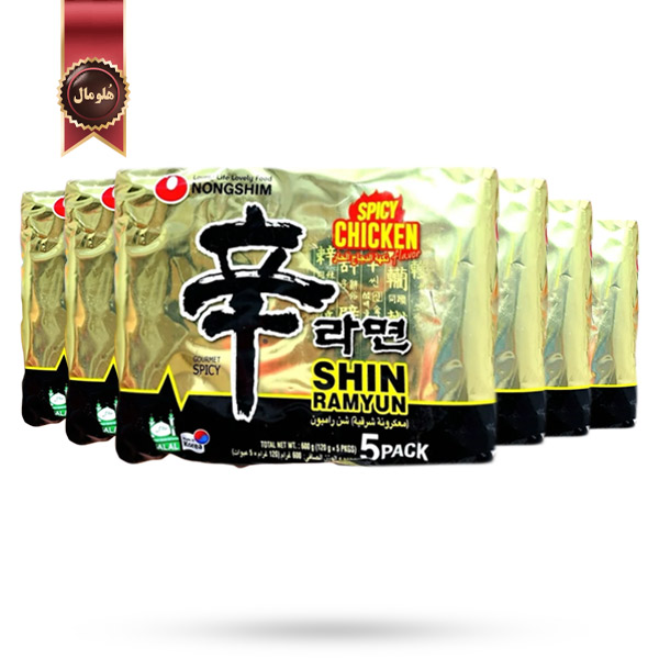6 بسته نودل شین رامیون نونگ شیم Nongshim Shin Ramyun با طعم مرغ تند Spicy Chicken وزن 120 گرم پک 5 تایی