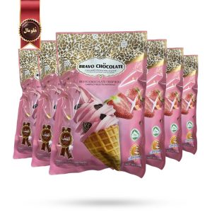 6 بسته بیسکوییت قیفی براوو چاکلت BRAVO CHOCOLATE مدل توت‌فرنگی Strawberry وزن 300 گرم