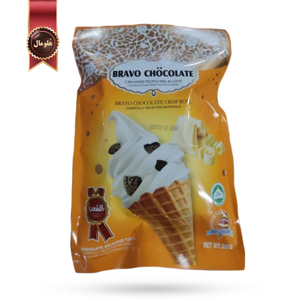 بیسکوییت قیفی براوو چاکلت BRAVO CHOCOLATE مدل شکلات سفید White Chocolate وزن 300 گرم