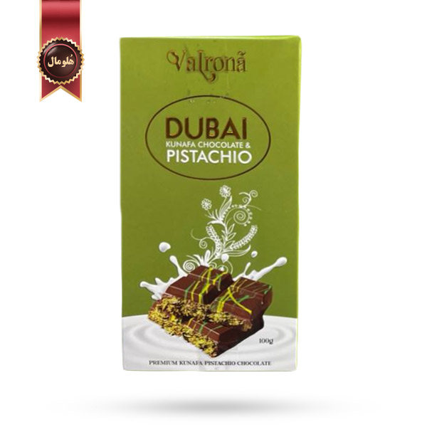 شکلات دبی والرونا Dubai Chocolate Valrona مدل پرمیوم پسته و کنافه kunafa chocolate pistachio وزن 100 گرم (اورجینال)