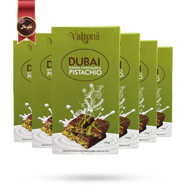 6 بسته شکلات دبی والرونا Dubai Chocolate Valrona مدل پرمیوم پسته و کنافه kunafa chocolate pistachio وزن 100 گرم (اورجینال)