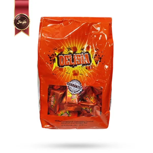 شکلات دلیزیا Delisia مدل کاراملی و نوقا Caramel and Nougat Bar یک کیلویی (اورجینال)
