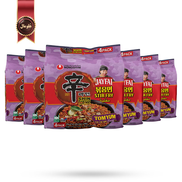 6 بسته نودل شین رامیون نونگ شیم Nongshim Shin Ramyun مدل استیر فرای تام یام جی فای JayFai TomYum Stir Fry وزن 130 گرم پک 4 تایی (اورجینال)