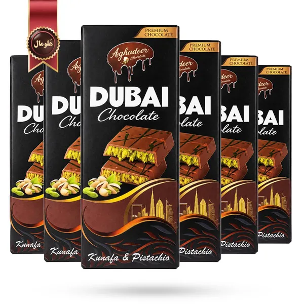 6 بسته شکلات دبی آقادیر Dubai Chocolate Aghadeer با مغز کنافه و پسته Kunafa & Pistachio وزن 100 گرم (اورجینال)