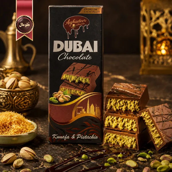 شکلات دبی آقادیر Dubai Chocolate Aghadeer با مغز کنافه و پسته Kunafa & Pistachio وزن 100 گرم (اورجینال)